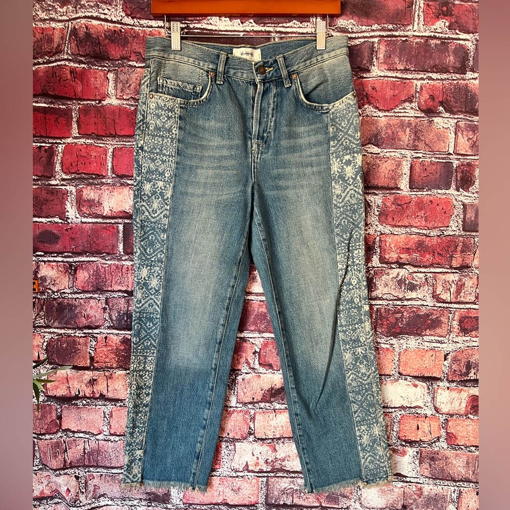We The Free Aztec Panel High Rise Boyfriend Jeans Blue Sz 25
